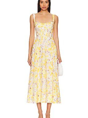 Bardot Lilah Corset Midi Dress Floral Yellow Wedding Guest Spring Size 12 NWT